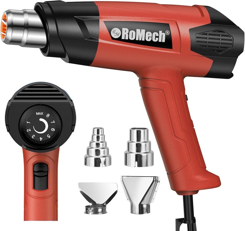 ROMECH 1500W Heavy Duty Heat Gun, Variable Temperature Control Hot Air Gun Kit with 2 Air Flow 120°F~1200°F and 4 Nozzles for Crafts Shrink Wrap (Red) - Image 1